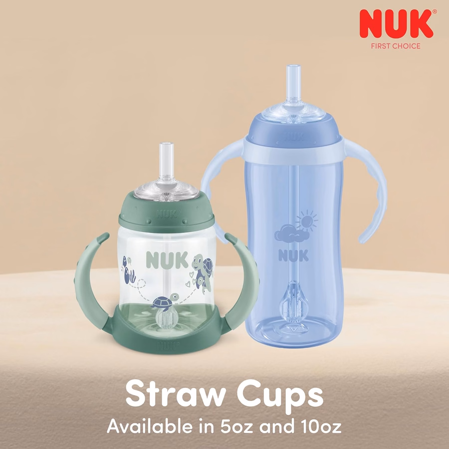 NUK Learner Straw Cup, 10oz, 2-Pack - Toddler Sippy Cup with Soft Straw for Easy Drinking, Suitable for Ages 8 Months and Up, Timeless Collection : Baby